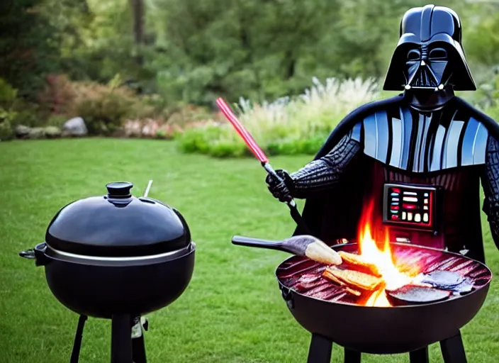 Image similar to film still of Darth Vader cooking on an outdoor grill in the new Star Wars movie, 4k