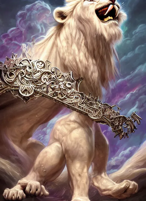 Image similar to anthropomorphized white lion wizard casting magic bright light spell, smiling, casting spell, concept art, insanely detailed and intricate, hypermaximalist, elegant, ornate, hyper realistic, super detailed, art deco, cinematic, trending on artstation, magic the gathering artwork