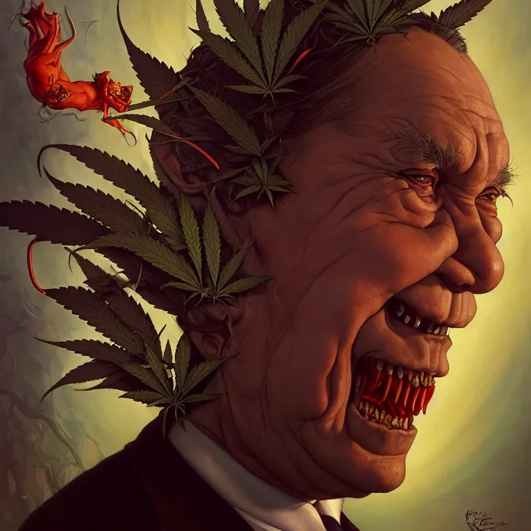 Image similar to a portrait of a devil mad cannabis premier francois legault in 2 0 2 1 illustrated by miyazaki by karol bak, james jean, tom bagshaw, rococo, sharp focus, trending on artstation, cinematic lighting, hyper realism, octane render, 8 k, hyper detailed, vivid, ultra detailed, highly detailed