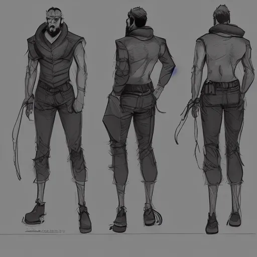 Prompt: character design sheet, concept art character, very high angle view, book cover, very attractive man with beard, walking in cyberpunk valley highly detailed full body, strong masculine features, sturdy body, command presence, royalty, smooth, sharp focus, organic, appealing, book cover, deep shadows, by borderland 3 sketch lineart for character design