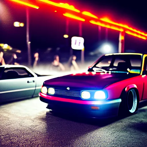 Image similar to a car S30 turbo drift at illegal car meet, shibuya prefecture, midnight mist streetlights, color grade, photorealistic, highly detailed wheels, highly detailed