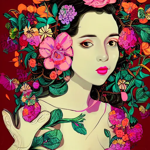 Image similar to a painting of a woman with flowers in her hair, directed gaze, digital art by james jean, featured on behance, photoillustration, behance hd, maximalist