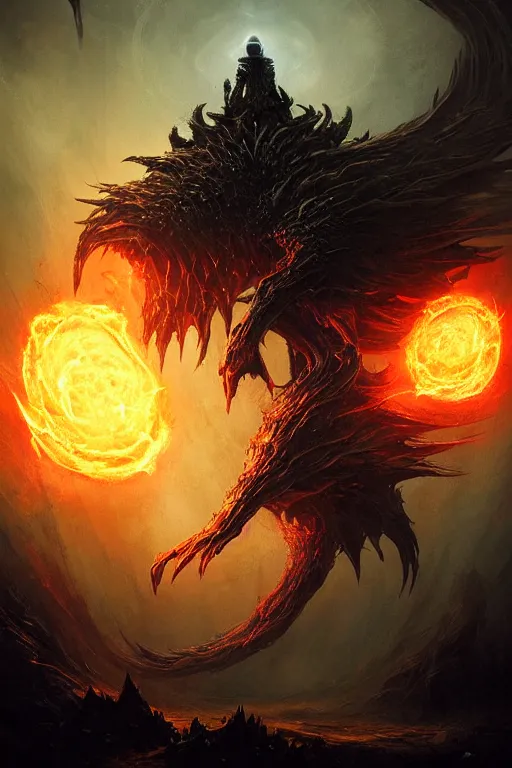 Image similar to Black Orb of Fire, digital art, fantasy, magic, trending on artstation, illustration by Seb McKinnon and Peter Mohrbacher, ultra detailed, atmospheric, powerful presence, bossfight, darksouls, grand finale, explosive entrance, final battle, cutscene