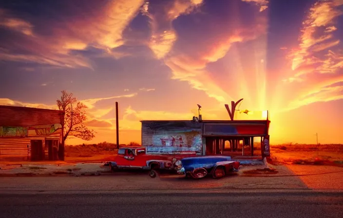 Image similar to A sunset light landscape with historical route66, lots of sparkling details and sun ray’s, blinding backlight, smoke, volumetric lighting, colorful, octane, 35 mm, abandoned gas station, old rusty pickup-truck, beautiful epic colored reflections, very colorful heavenly, softlight