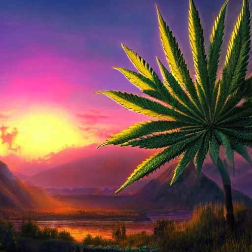 Image similar to an amazing deep painting of a marijuana world, intricate detail, sunset, idyllic, serene, volumetric lighting, 8 k, photorealistic, digital art trending on artstation