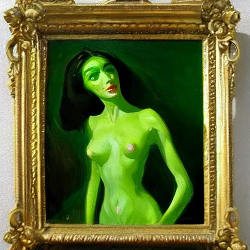 Prompt: beautiful green alien woman painted by john singer sargent