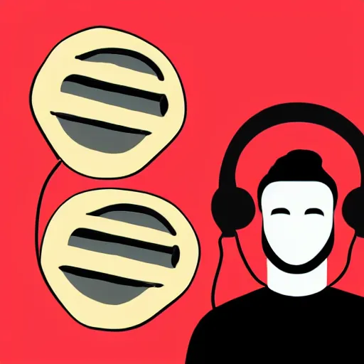 Image similar to a minimal logo of a bagel wearing headphones and talking to a microphone at a podcast, digital art, flat colors