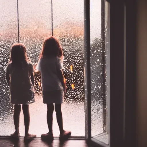 Image similar to a children photographed through a rainy window, bokeh, cinematic light, candles,