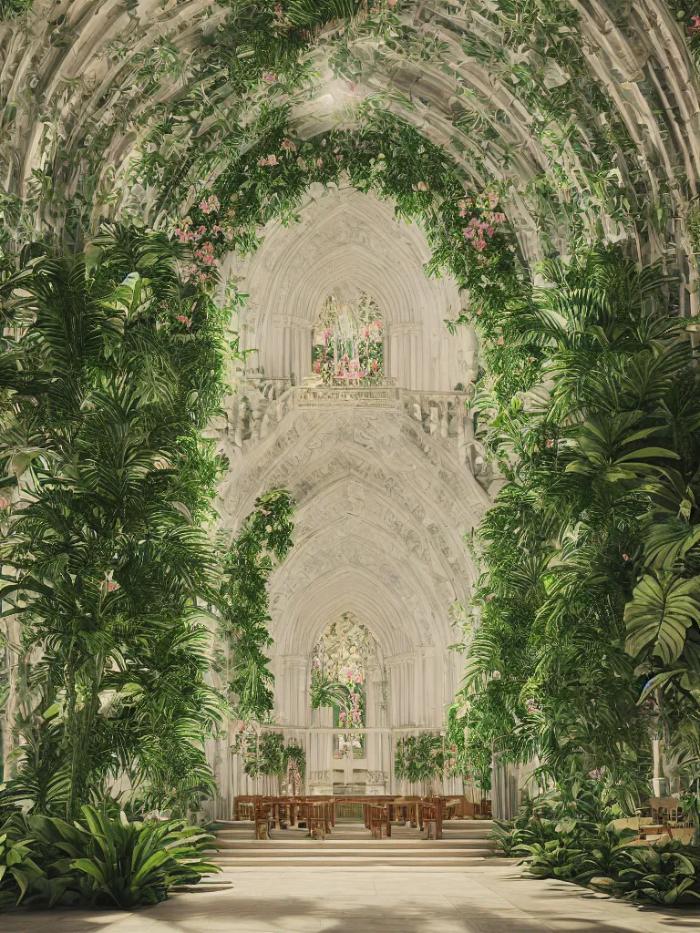 Image similar to grand cathedral interior with koi pond in the middle surrounded by palm trees, ivy, flowers, tropical plants, roses, and with archways, rendered in octane render with photorealistic cinematic volumetric lighting, cinematic, symmetrical down vertical center