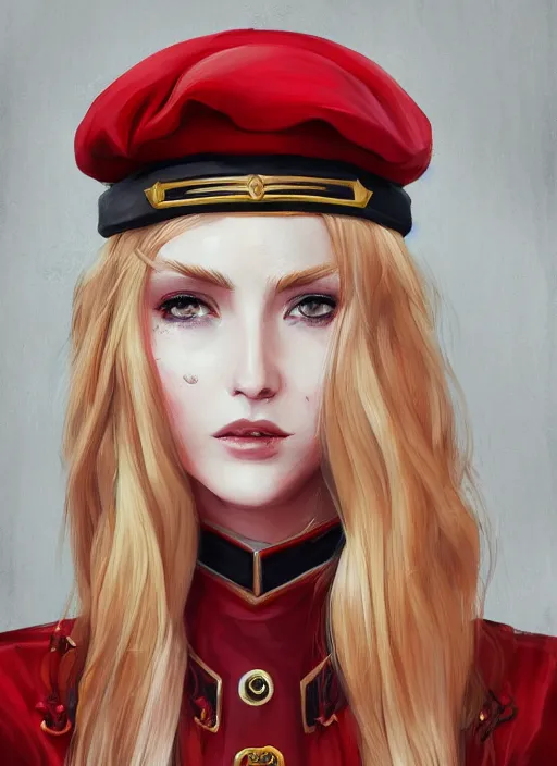 Image similar to a highly detailed illustration of beautiful long dirty blonde haired pale girl wearing red epaulette uniform, wearing beret, red eyes, dramatic seductive pose, intricate, elegant, highly detailed, centered, digital painting, artstation, concept art, smooth, sharp focus, league of legends concept art, WLOP