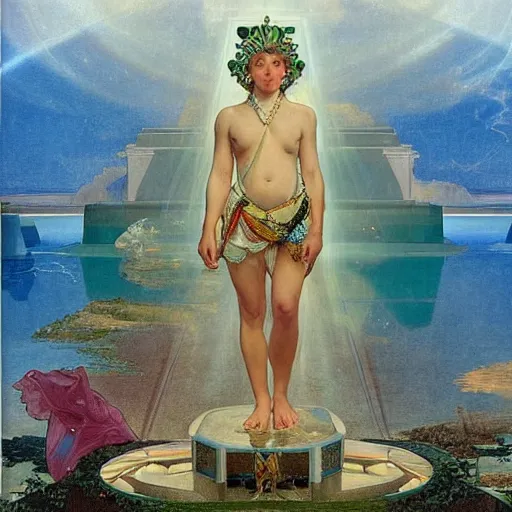 Image similar to The queen's throne, refracted sparkles, thunderstorm, greek pool, beach and Tropical vegetation on the background major arcana sky, by paul delaroche, alphonse mucha and arnold böcklin, hyperrealistic symmetrical 8k, award-winning, very very very detailed