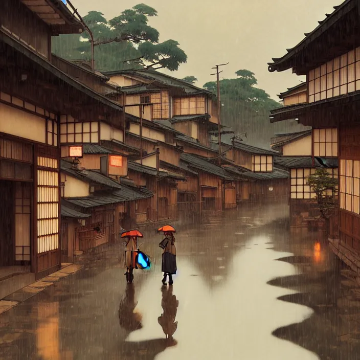 Image similar to japanese rural town, rain, in the style of studio ghibli, j. c. leyendecker, greg rutkowski, artem