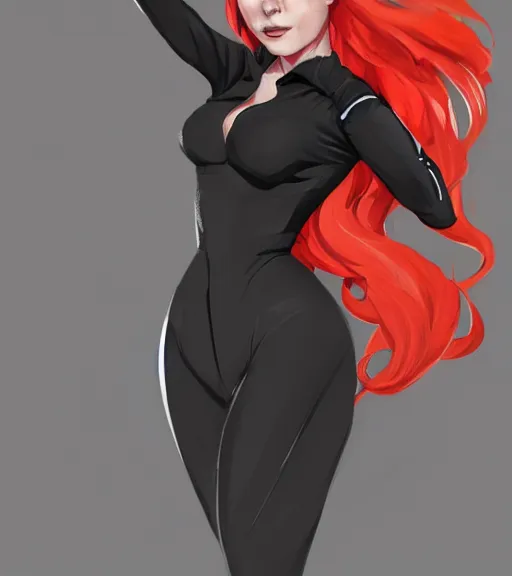 Image similar to a woman wearing black clothes, full body shot, red hair, highly detailed, digital painting, artstation, concept art, smooth, sharp focus, illustration