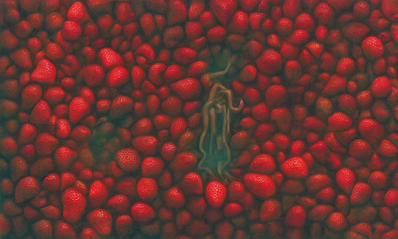 Prompt: a strawberry, body horror, by gerard brom, zdzisław beksinski and ansel adams technicolor photograph film still