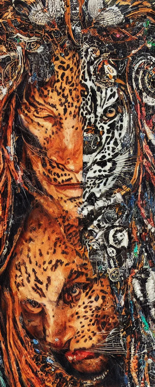 Image similar to an intricated and detailed painting of a shaman turning into a jaguar 4 k render