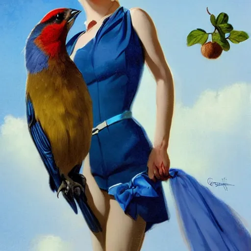 Prompt: portrait of a pinup girl holding an indigo bunting, bird, the bird is wearing a bowtie, by greg rutkowski, rossdraws, gil elvgren, enoch bolles