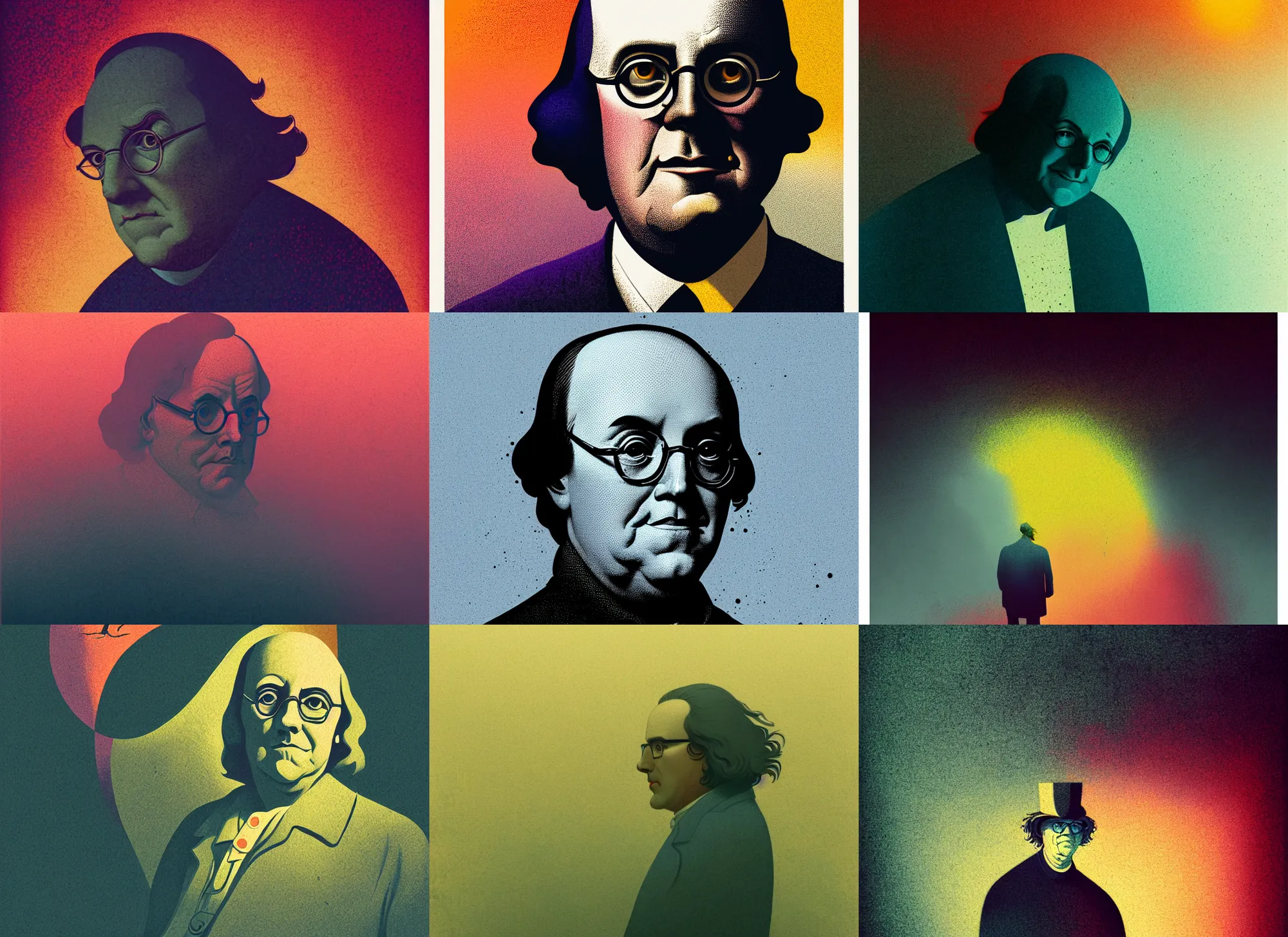 Prompt: portrait of a benjamin franklin, colorful, modern art deco, mads berg, karolis strautniekas, christopher balaskas, stippled light, fog, moody, fine texture, editorial illustration, dramatic lighting, dynamic composition, detailed, matte print, dynamic perspective, muted color, ( ( victo ngai ) )