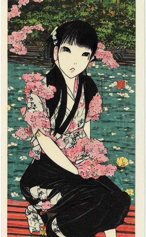 Prompt: by akio watanabe, manga art, a black hair girl sitting on wooden lake bridge and iris flowers, trading card front, kimono, realistic anatomy