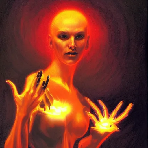 Prompt: portrait of a woman who can produce glowing plasma from her hands, by gerald brom.