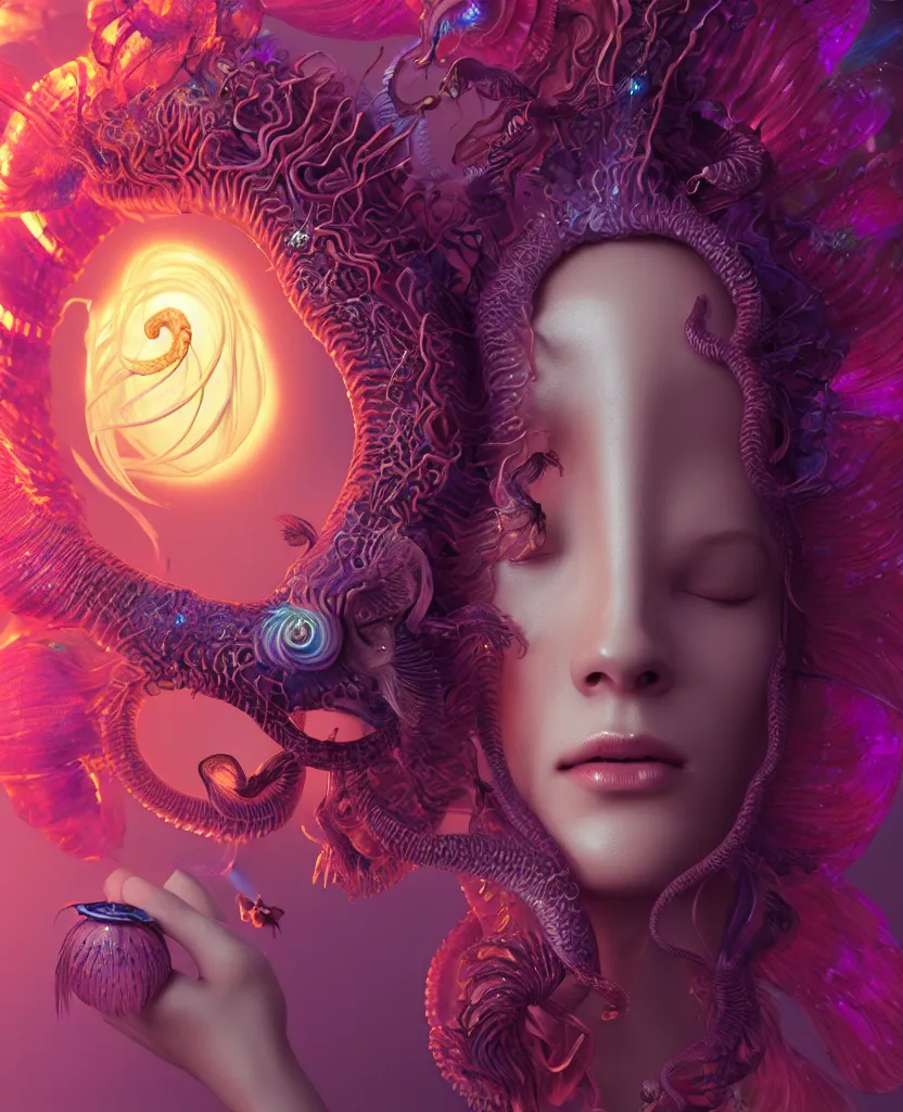 Image similar to goddess close-up portrait. chimera orchid jellyfish phoenix head, nautilus, skull, betta fish, bioluminiscent creatures, intricate artwork by Tooth Wu and wlop and beeple. octane render, trending on artstation, greg rutkowski very coherent symmetrical artwork. cinematic, hyper realism, high detail, octane render, 8k