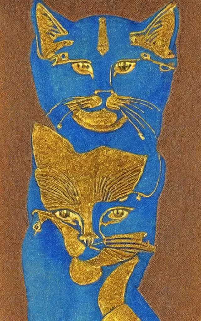 Image similar to Bastet sublime goddess Egyptian aesthetic yellow gold eyes blue fur, fine oil portrait of Bastet goddess, chromatic aberration