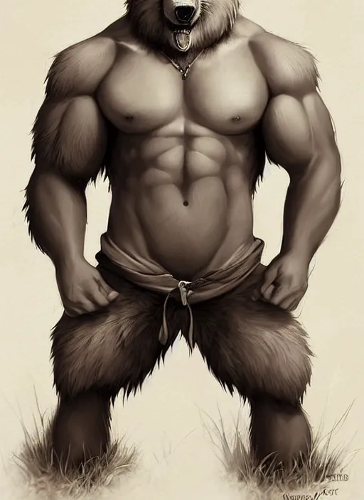 Image similar to award winning beautiful portrait commission art of a muscular male furry anthro grizzly bear fursona with a cute beautiful attractive detailed furry face wearing gym shorts and a tanktop. Character design by charlie bowater, ross tran, artgerm, and makoto shinkai, detailed, inked, western comic book art