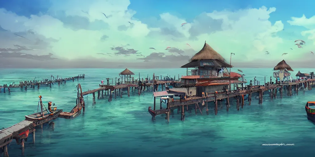 Image similar to pulau indah jetty fishing town in the morning, detailed matte painting, studio ghibli, artstation