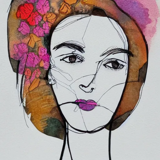 Image similar to Abstract line drawing of a woman’s face with watercolour flowers in the background,