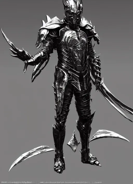 Image similar to a photorealistic 3D render of a full body dark side knight (as an archetypal DnD isekai Demon Lord) wearing armor made of gold and silver, inspired by Elden Ring, unreal engine, octane render, cinematic lighting, a sense of evil, hard surface character concept art, character design, hyper realism, high detail, depth of field, stunning cgsociety, HD, HDR, 4k