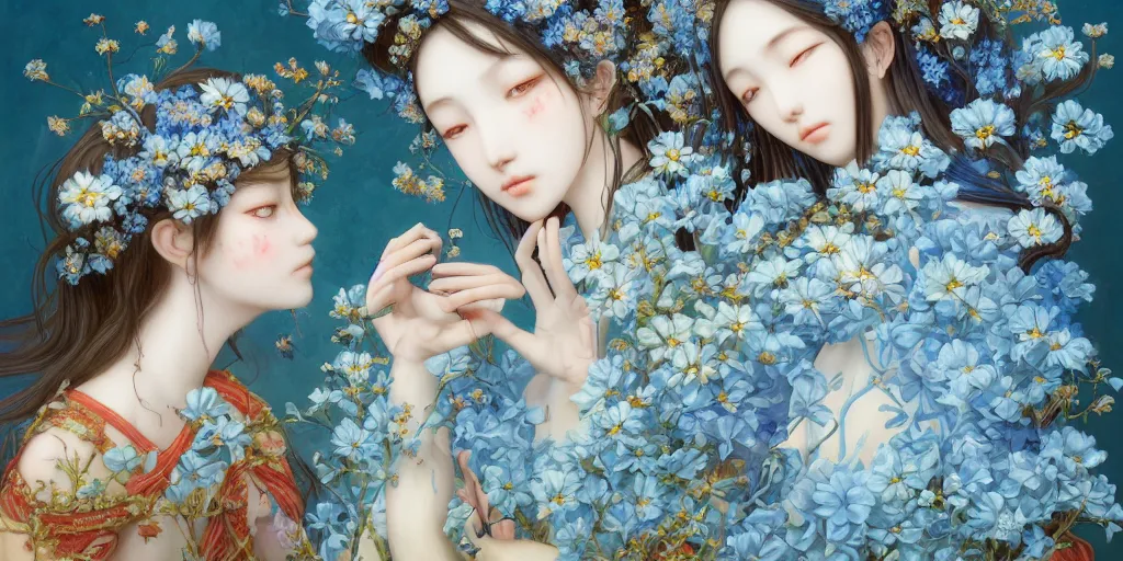 Prompt: breathtaking detailed concept art painting of the kissing goddesses of light blue flowers, orthodox saint, with anxious, piercing eyes, ornate background, amalgamation of leaves and flowers, by Hsiao-Ron Cheng, James jean, Miho Hirano, Hayao Miyazaki, extremely moody lighting, 8K