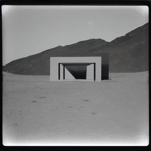 Image similar to concrete structure in a desert at night, neon light, minimalistic architecture, dark, surreal, open space, james turrel, old polaroid, expired film,