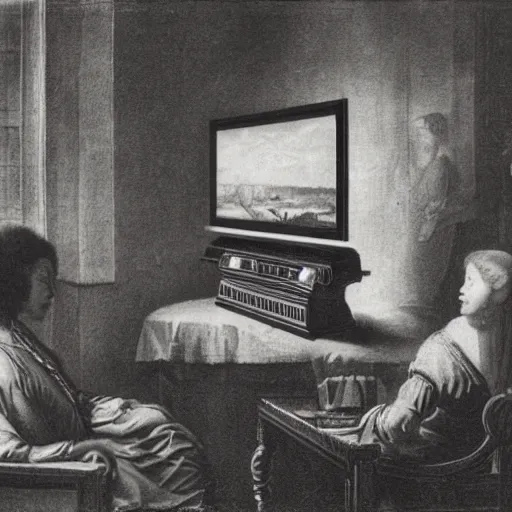 Image similar to 1 7 0 0 s photo of a person watching a flat screen hd tv