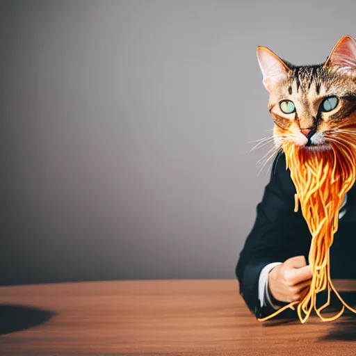 Image similar to a photo of a cat wearing a suit eating spaghetti on a table, DSLR photography