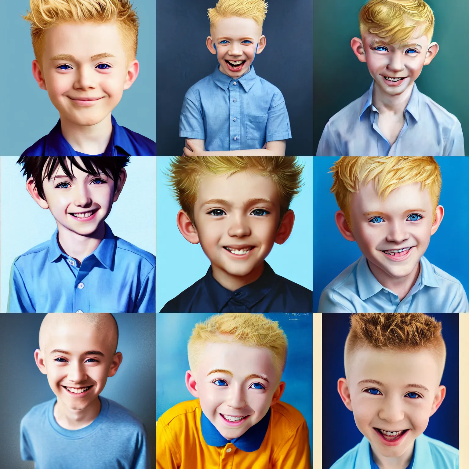 Prompt: A medium shot anime portrait of a smiling anime boy with very short curly blonde hair and blue eyes, buzzed sides, rosy cheeks, blue-eyed, wearing a shirt, very young child, four years old, medium shot portrait, his whole head fits in the frame, solid color background, by Stanley Artgerm Lau, WLOP, Rossdraws, James Jean, Andrei Riabovitchev, Marc Simonetti, and Sakimi chan, trending on artstation