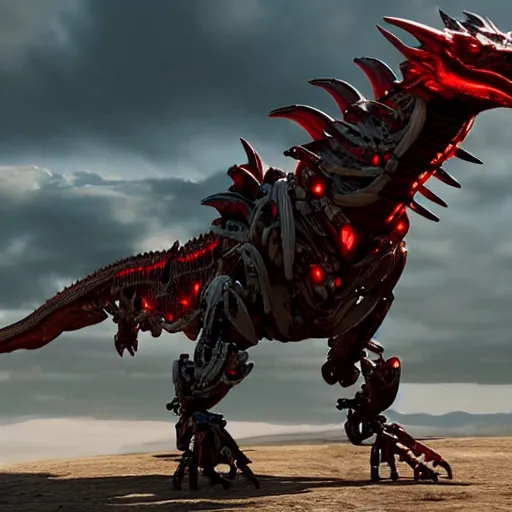 Image similar to cinematic still of westworld, a full body red stunning intricate si - fi robotic fantasy dragon, well armored mech dragon, highly detailed