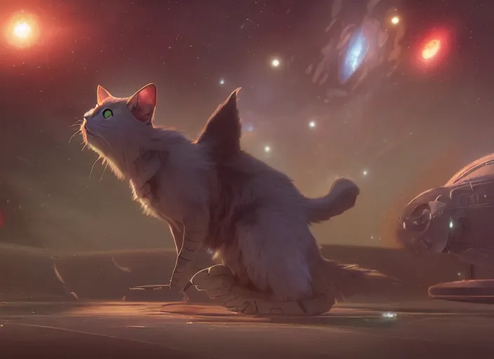 Image similar to a space cat staring role in a musical sci - fi space opera ghibli animated film, volumetric lighting, octane render by stanley artgerm lau, greg rutkowski, thomas kindkade, alphonse mucha, loish, norman rockwel,