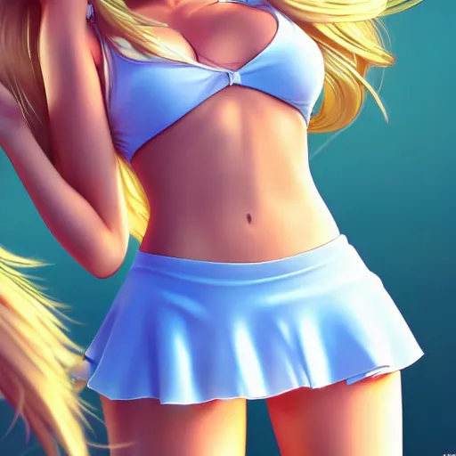 Image similar to a very beautiful young anime tennis girl, full body, long wavy blond hair, sky blue eyes, full round face,, bikini, miniskirt, front view, mid - shot, highly detailed, cinematic wallpaper by stanley artgerm lau
