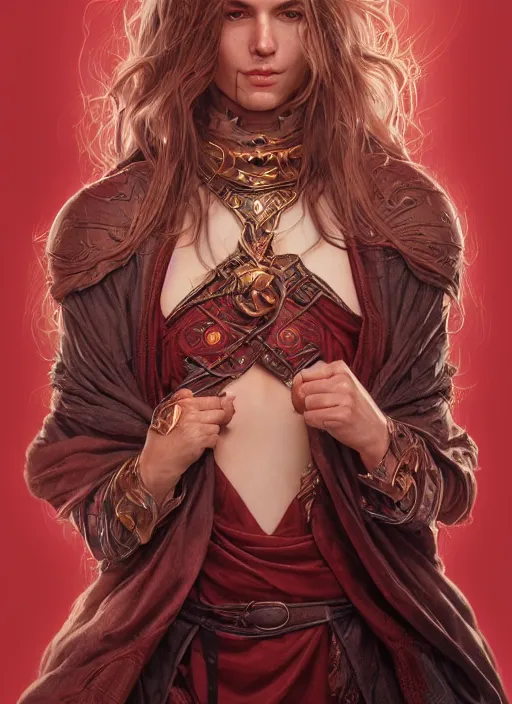 Image similar to vertical portrait of a ruggedly handsome female cleric, soft hair, close - up face, leather, witchy, d & d, fantasy, intricate, elegant, highly detailed, digital painting, artstation, concept art, smooth, sharp focus, illustration, art by artgerm and greg rutkowski and alphonse mucha, plain red background