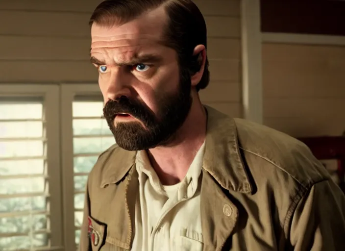 Image similar to film still of jim hopper as joyce byers in stranger things, 8 k