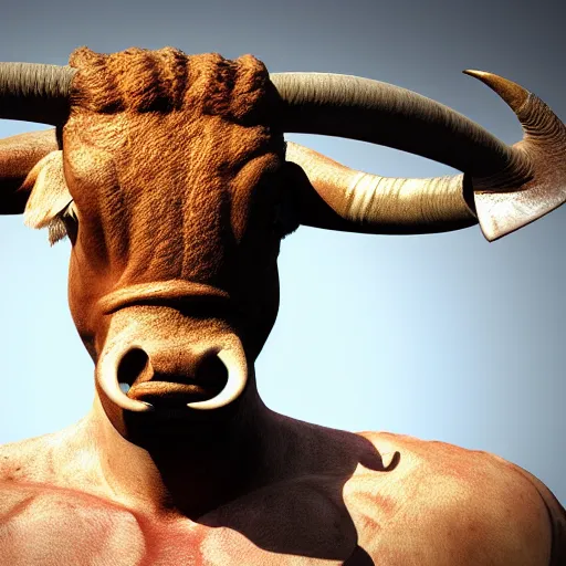 Image similar to realistic photo of a minotaur. body of a man and the head of a bull. hd
