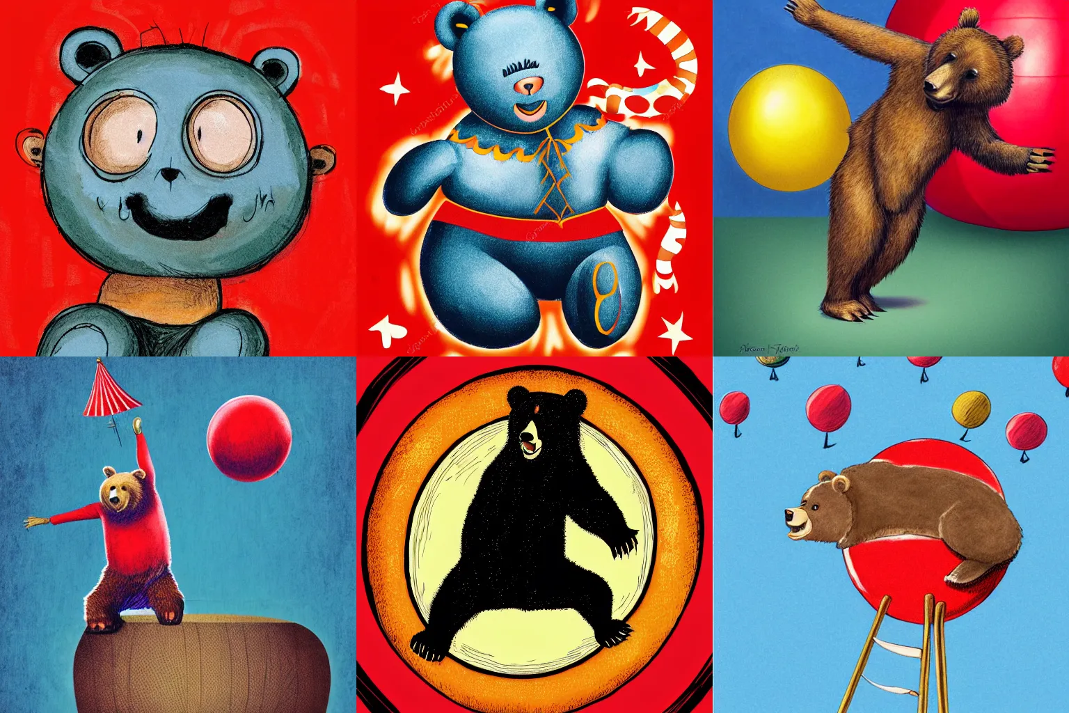 Prompt: a dancing bear on a big red ball. circus, realistic, illustration,, performance.