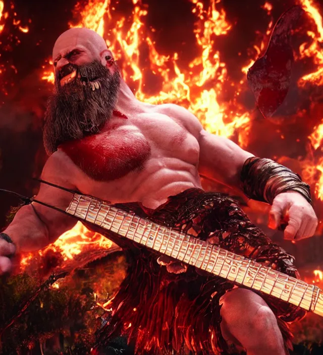 Image similar to raging kratos shredding on a flaming stratocaster guitar, cinematic render, god of war 2 0 1 8, santa monica studio official media, lightning, stripe over eye