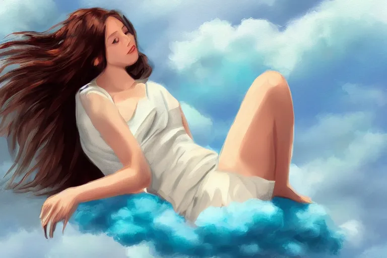 Image similar to a cute beautiful girl sitting on a cloud relaxing, digital painting, portrait