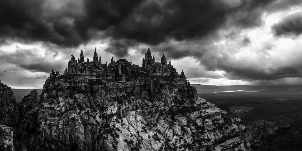 Image similar to dramatic film still of a cathedral by denis villeneuve, gothic architecture, top of a canyon, vultures, 24mm angle, studio ghibli and eddie mendoza, atmospheric, stormy, dramatic skies, moody, dark, cinematic, volumetric lighting, 8K