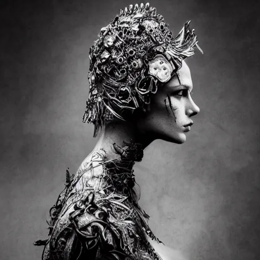 Image similar to a portrait of female model by stefan geselle and nekro borja, photorealistic, intricate details, hyper realistic, dark fantasy, ornate headpiece, dark beauty, photorealistic, canon r 3, photography, wide shot, photography, dark beauty