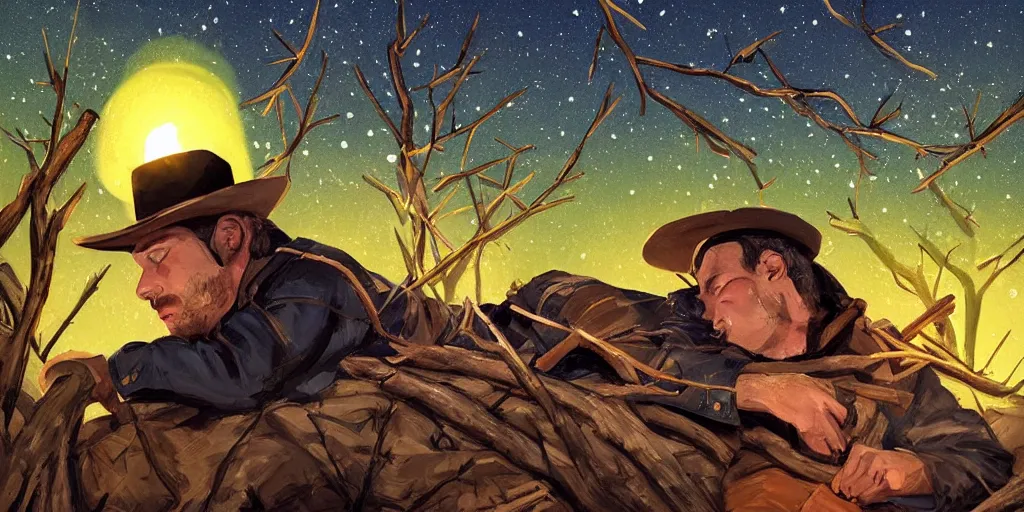 Prompt: in the old west, at a campfire at night, close up portrait of one sleeping bandit scoot mcnairy ( ( alone ) ) lying on a pile of branches, watches the stars in the style of george cortonis, art station, warm color palate, astral, grim