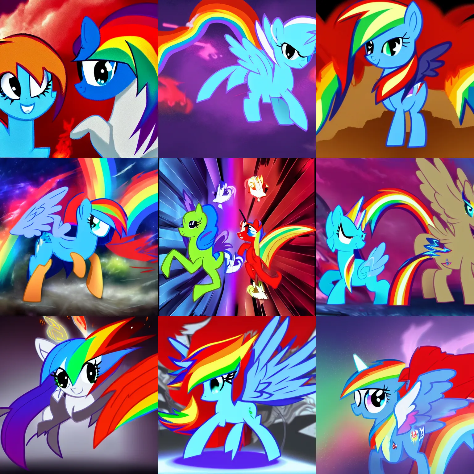 Prompt: rainbow dash stomping on diablo, bloody, explosions, my little pony