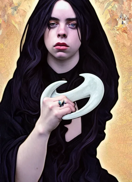 Image similar to Billie Eilish with two demon horns, noir, highly detailed, digital painting, artstation, concept art, sharp focus, illustration, art by Alphonse Mucha and Ian Sprigger and Edmund Bliar Leighton