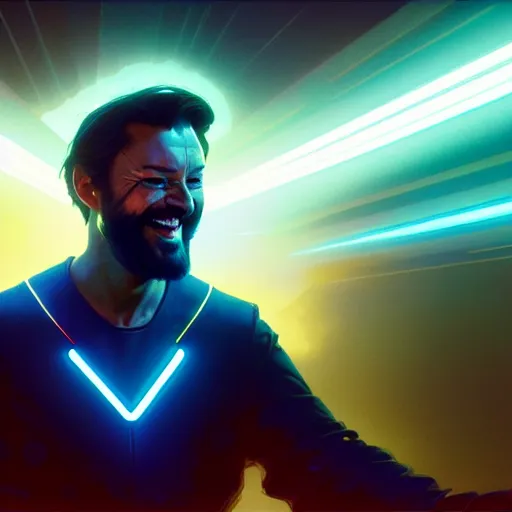 Image similar to tron legacy jesus laughing, diffuse lighting, hyper realistic, concept art, intricate, hyper detailed, smooth, sharp focus, illustration, trending on artstation, art by greg rutkowski and james gurney and alphonse mucha