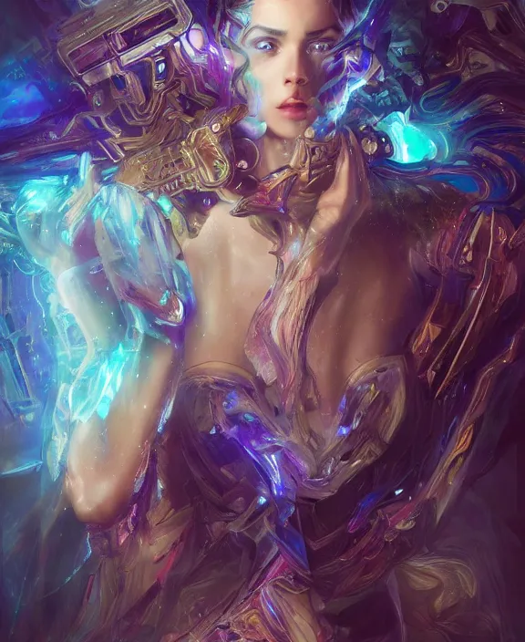 Image similar to a whirlwind of souls rushing inside the metaverse, half body, glowin eyes, tiara with sapphire, pharaoh, android, cyberpunk, d & d, fantasy, intricate, elegant, highly detailed, colorful, vivid color, digital painting, artstation, concept art, art by artgerm and greg rutkowski and alphonse mucha and ruan jia